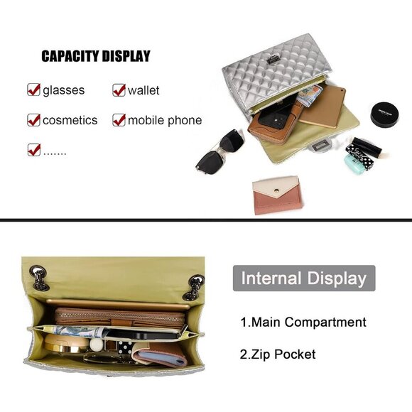 🆕 Women Silver Strap Stylish Clutch Purse Quilted Ladies Chain Crossbody Bags - Picture 4 of 6